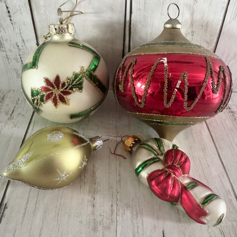 VintageGlass Christmas Ornaments Set of 4 Red Green Gold Candy Cane Finial Ball